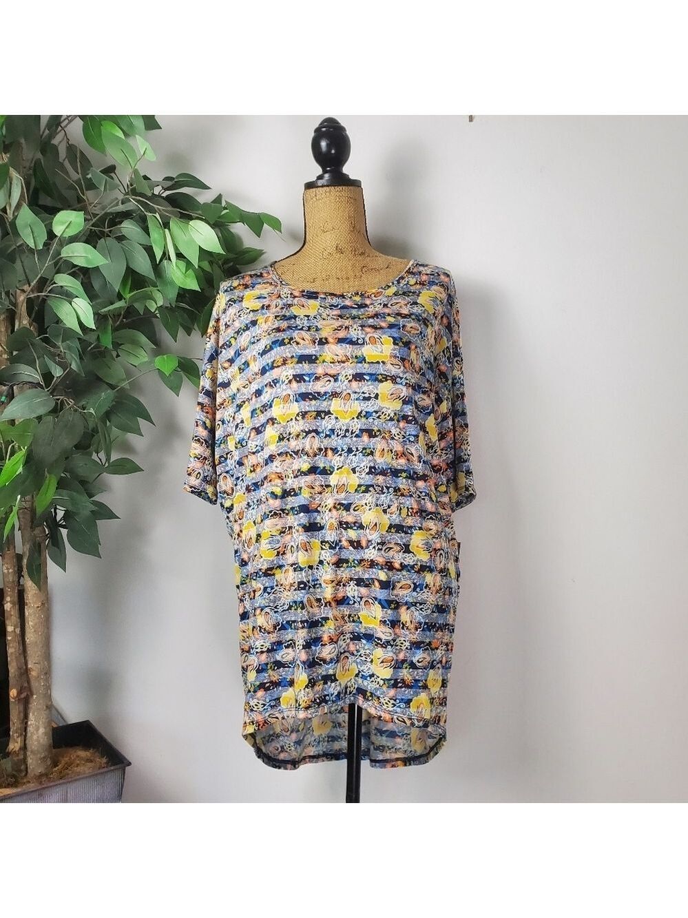 Lularoe Irma Blouse Blue Yellow Paisley Floral Medium